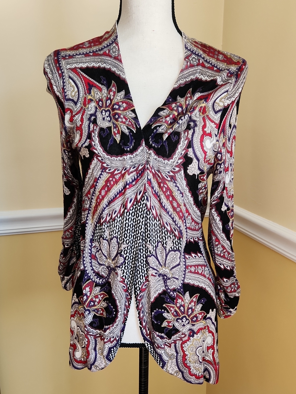 Chico's Katrina Paisley Open-Front Multi Color Cardigan Sweater NWT Size Small